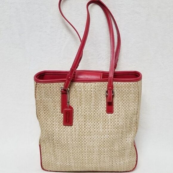 COACH Cabana Red Leather Woven Straw Bag MOK-8157 - Picture 1 of 8